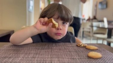 Child eating cookies. Little boy eats sweet dessert snack. Sugar food.