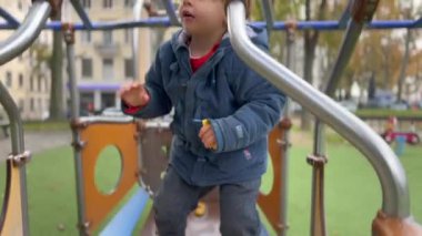 Child playing at playground during autumn season. Happy little boy at park structure