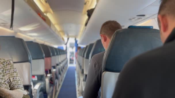 Back Plane Corridor Passengers Seated Waiting Plane Take Boarding Time — Wideo stockowe
