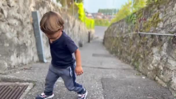 One Upset Little Boy Going Uphill Effortful Tired Child Climbing — Vídeos de Stock