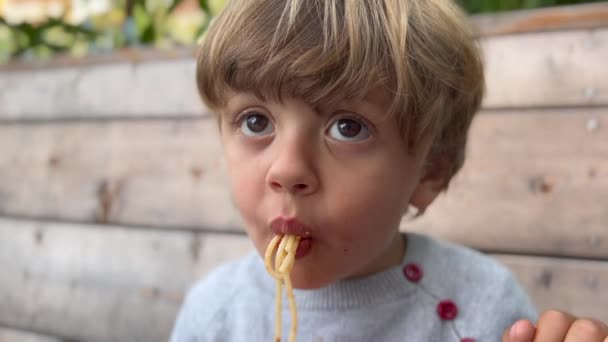 Portrait Small Boy Eating Pasta Spaghetti Closeup Child Face Eats — Stockvideo