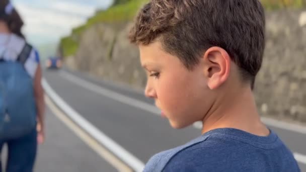 週末のハイキング活動中に家族と一緒に道路を歩く若い男の子の背中 1人の瞑想的な子供が屋外で — ストック動画