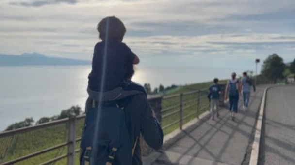 Back Little Boy Mother Shoulders Walking Street Traveling Family Vacation — Vídeos de Stock