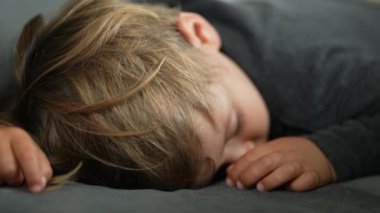 One cute child sleeping. Closeup toddler baby napping. Blond caucasian small boy asleep on couch