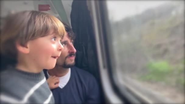 父亲和儿子乘火车旅行 爸爸在度假时和孩子在一起 看着窗外 — 图库视频影像