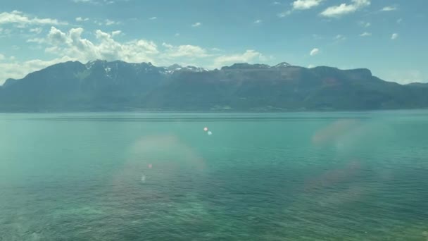 Beautiful Landscape Lake Geneva Seen High Speed Transportation Moving Train — Stockvideo