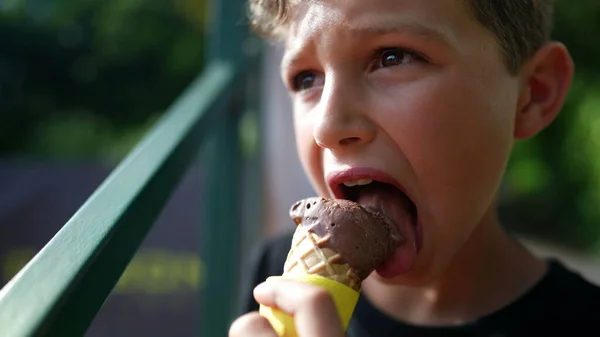 Little boy eating ice-cream. Child eats chocolate ice cream
