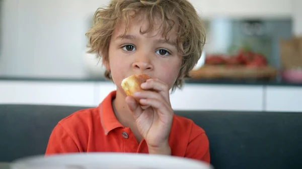 Little boy eating bread carb. Child eats piece of bread for breakfast