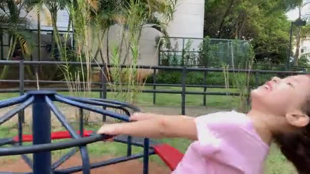 Δύο Κοριτσάκια Παίζουν Στο Καρουζέλ Της Παιδικής Χαράς Θηλυκά Παιδιά — Αρχείο Βίντεο