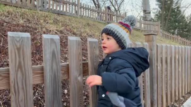Active Little Boy Playing Winter Season Child Wearing Autumn Clothes — Stok Video