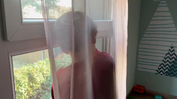 One Upset Little Boy Hiding Curtains Bedroom Sad Child Feeling — Stock Video