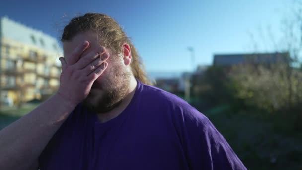 One Young Overweight Man Feeling Distraught Standing Covering Face Male — Video Stock