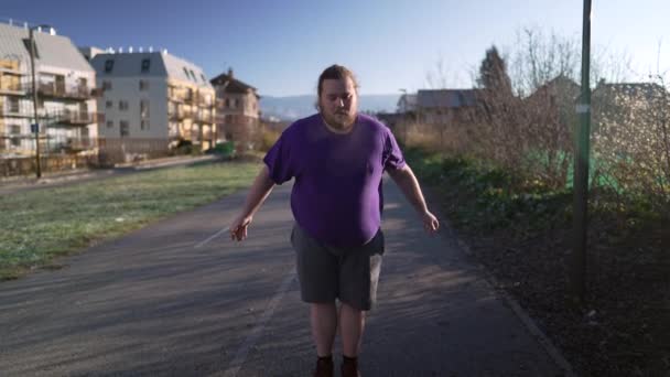 One Young Overweight Man Stretching Legs Run Back Fitness Concept — Video