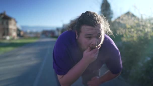 Fat Young Man Taking Break Run One Overweight Person Recovering — Video Stock