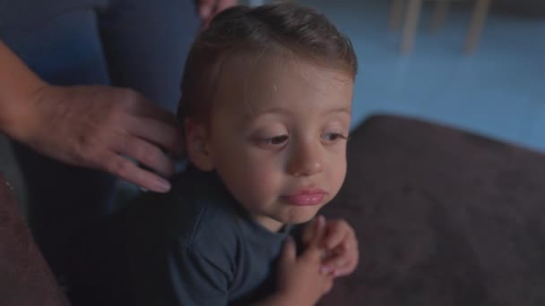 母親は子供の男の子の髪を準備する 自宅で息子の髪型を組み合わせた親 屋内生活 — ストック動画