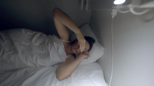 Woman Turns Light Middle Night Unable Sleep Person Suffering Insomnia — Stockvideo