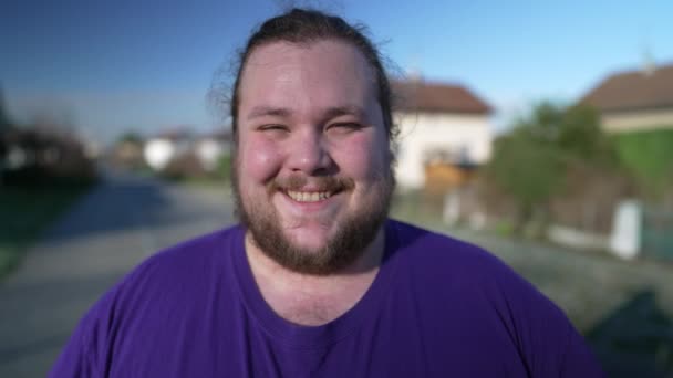 One Joyful Young Chubby Person Stands Outdoors Smiling Camera Overweight — 图库视频影像