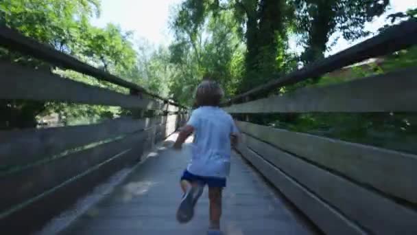 One Happy Little Boy Running Bridge Child Enjoying Outdoor Nature — Vídeos de Stock