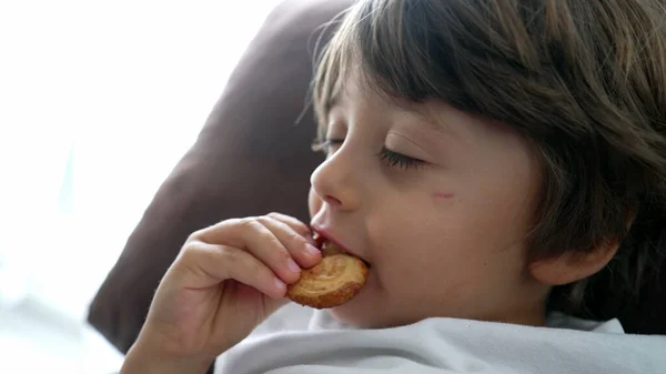 Close up child eating cookie laying on couch. Young boy eats snack