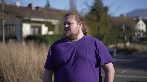 One Frustrated Overweight Young Man Standing Outdoors Feeling Regret Anxious — Video Stock