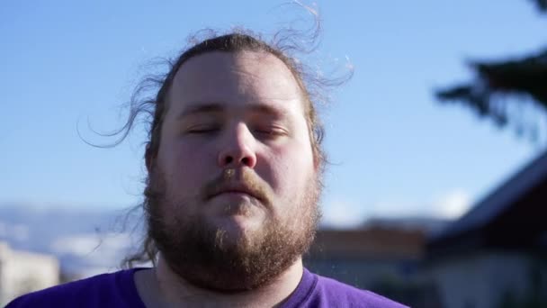 Serene Calm Millennial Young Man Eyes Closed Meditation Outdoors Fat — Video