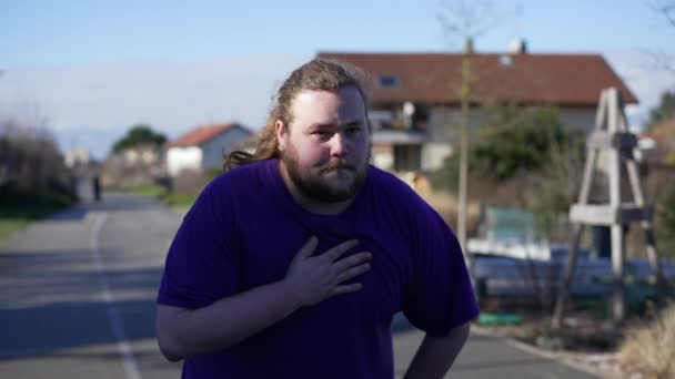 One Exhausted Overweight Young Man Having Chest Pains Standing Fat — Video Stock