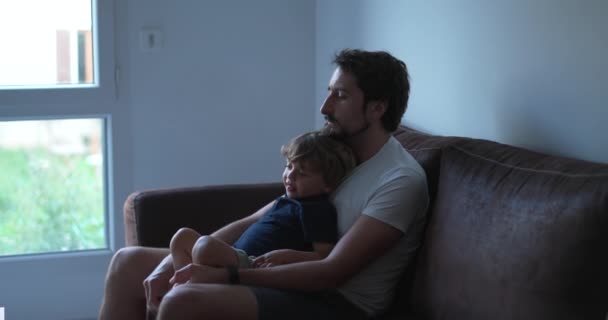Father Son Relationship Hanging Out Together Home Sofa Couch Indoors — Vídeos de Stock