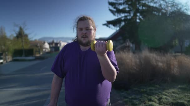 One Overweight Man Lifting Weight Determined Fat Person Getting Back — Video Stock