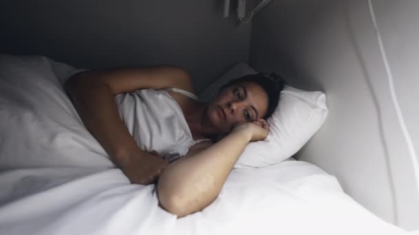 Woman Going Sleep Shutting Night Lamp Person Turns Light — Vídeos de Stock