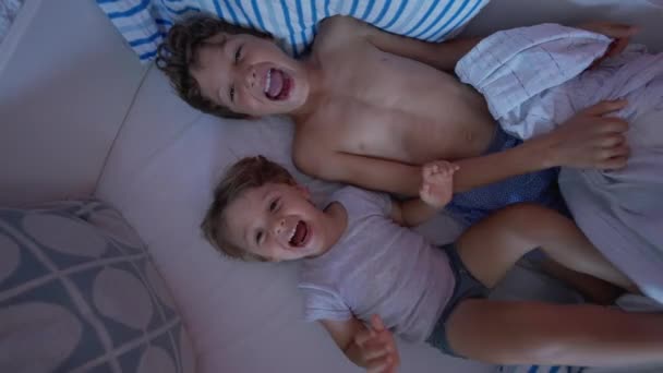 ベッドの中で2人の幸せな子供笑いと笑顔 小さな兄弟はデュベットで覆われたシートの下で一緒に楽しんでいます 喜びに満ちた兄弟 — ストック動画