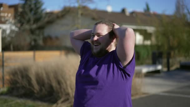 One Ecstatic Overweight Man Feeling Joy Raising Arms Air Happy — Stock video