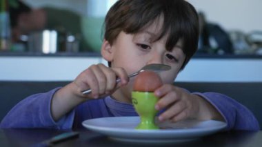 One small boy trying to open top of egg at breakfast table. Kid eating oeuf a la coque. Funny child nutritious protein food