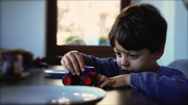 Child Plays Car Toy Himself Creative Little Boy Playing Morning — Video