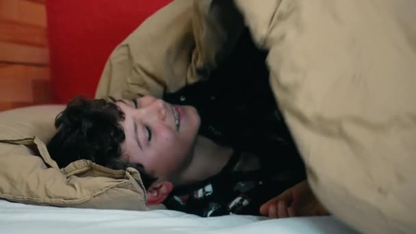 One Small Boy Waking Morning Getting Out Bed Child Wearing — Vídeo de Stock