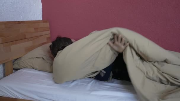 Young Boy Getting Out Bed Int Morning Wearing Pajama Preteen — Stockvideo