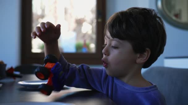 One Little Boy Playing Car Toy Home Imaginative Child Wearing — Video