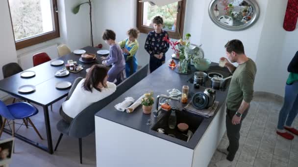 Family Morning Breakfast Table Top View Parents Children Kitchen Living — 图库视频影像