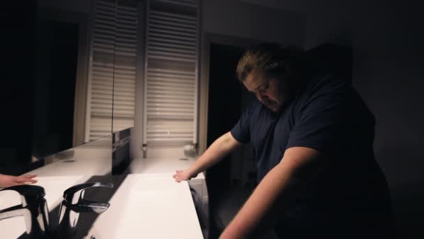 Troubled Young Man Looking Bathroom Mirror Suffering Mental Illness One — Stock video