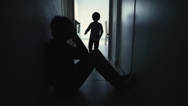 Depressed Father Being Consoled Son Sitting Corridor Silhouette Child Hugging — Vídeo de stock
