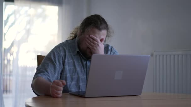 One Sad Man Feeling Despair Front Laptop Computer Unhappy Emotion — Video