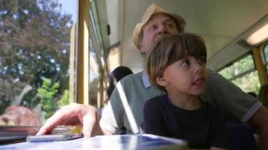 Grandparent traveling by train with grandchild. Two different generations inside railroad wagon in motion. Family traveling on vacation