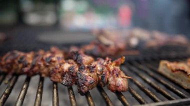 Preparing Chicken on stick at barbecue grill. Cooking grilling food close up