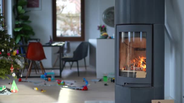 居心地の良い家煙突火災場所の火災は 現代的なインテリアで燃焼 — ストック動画