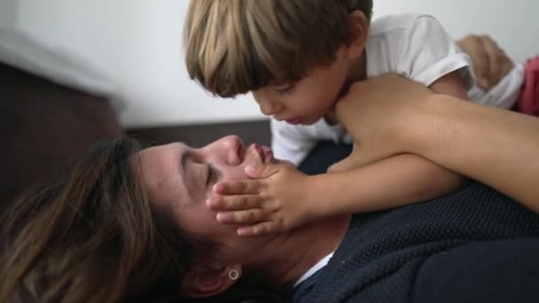 Mother Child Love Affection Little Boy Kissing Mom Lips Family — ストック動画
