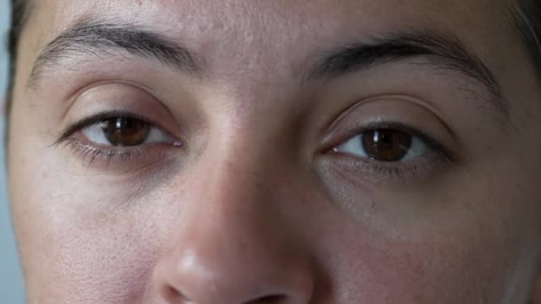 Macro Close Woman Face Looking Camera Casual Female Person Eye — Stock Video