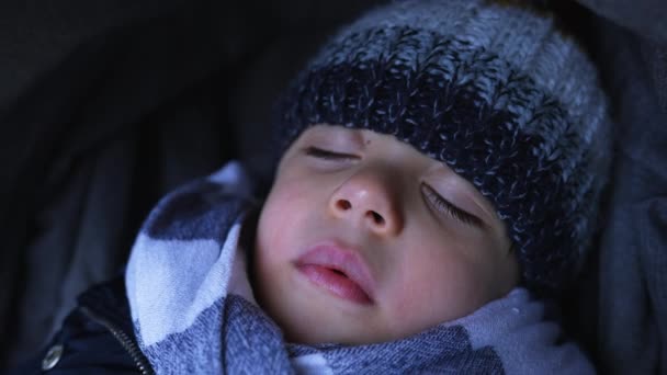 Closeup Child Face Napping Winter Season Warm Little Boy Asleep — Stockvideo