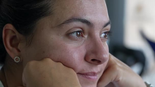Pensive Woman Close Face Tearful Emotion Contemplative Female Person 30S — Vídeo de stock