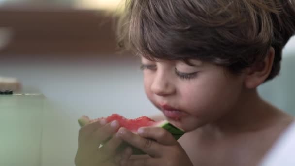 Candid Child Taking Bite Red Watermelon Fruit One Small Boy — Wideo stockowe