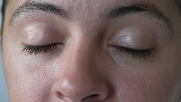 Person Closing Eyes Meditation Macro Close Woman Opening Eye Looking — Stock Video