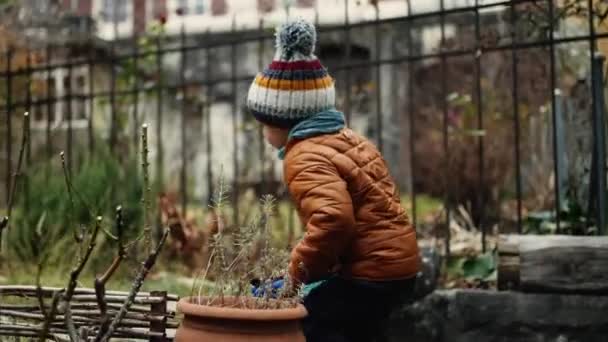 Small Boy Running House Backyard Returning Home Wearing Winter Clothes — Vídeos de Stock